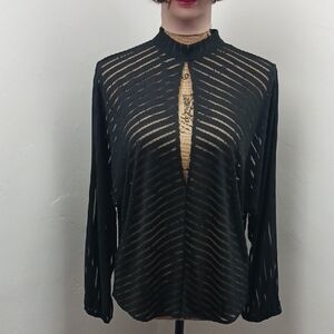 Sexy Elegant Black Sheer Mesh Long Sleeve Striped Women's Top Blouse Size Small
